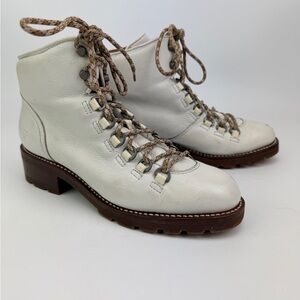 Vintage Frye White Leather Lace Up Hiking Boots Lug Sole Wooden Heel Ankle S 9.5